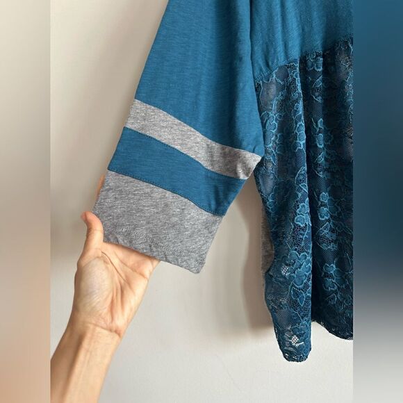 Torrid Blue & Grey Cotton Jersey Lace Back Colorblock Varsity Stripe Tee - Picture 5 of 9